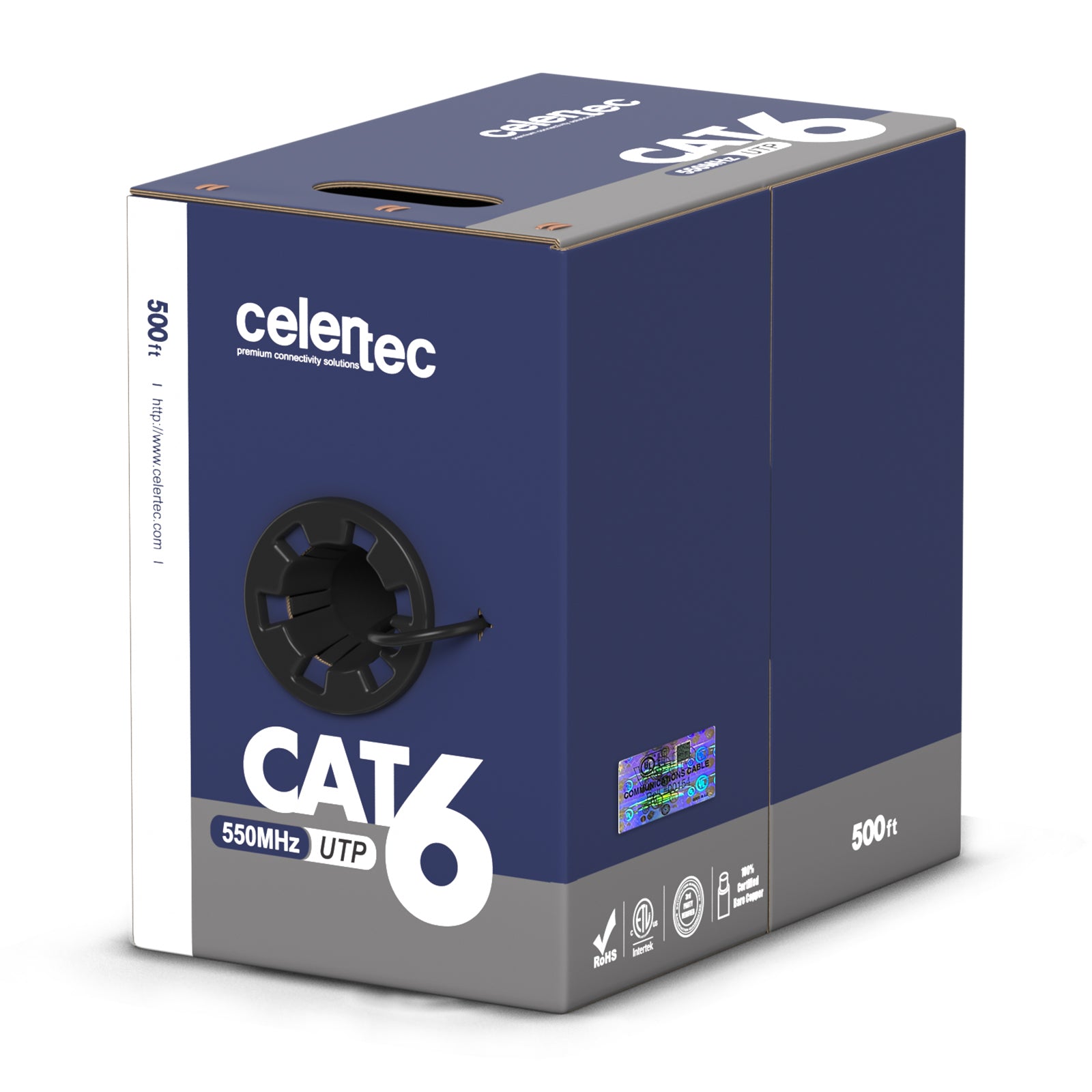 Cat6 Ethernet Cable, U/UTP, 23AWG Solid Bare Copper, CMP, UL Certified - 500ft