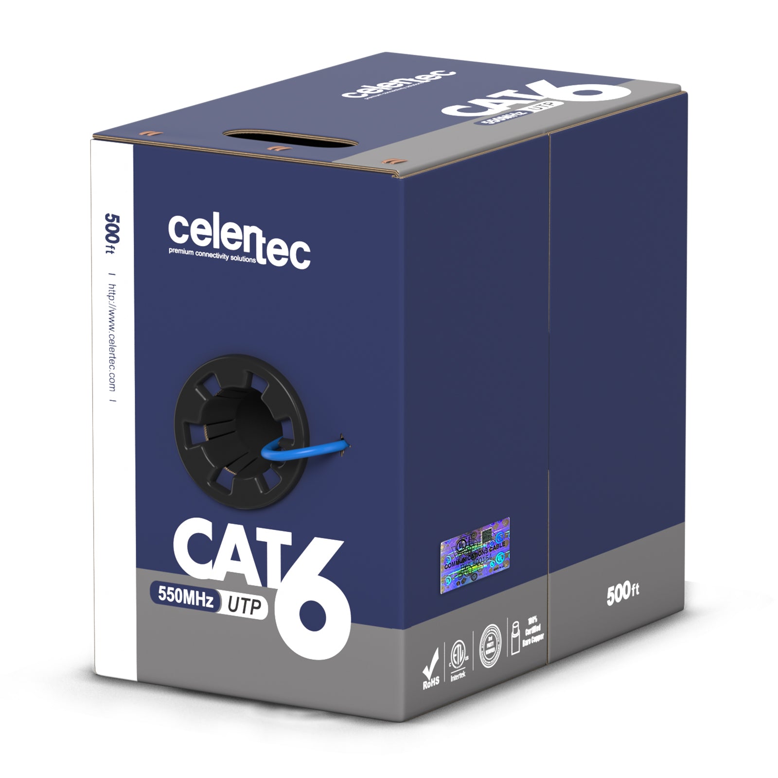 Cat6 Ethernet Cable, U/UTP, 23AWG Solid Bare Copper, CMP, UL Certified - 500ft