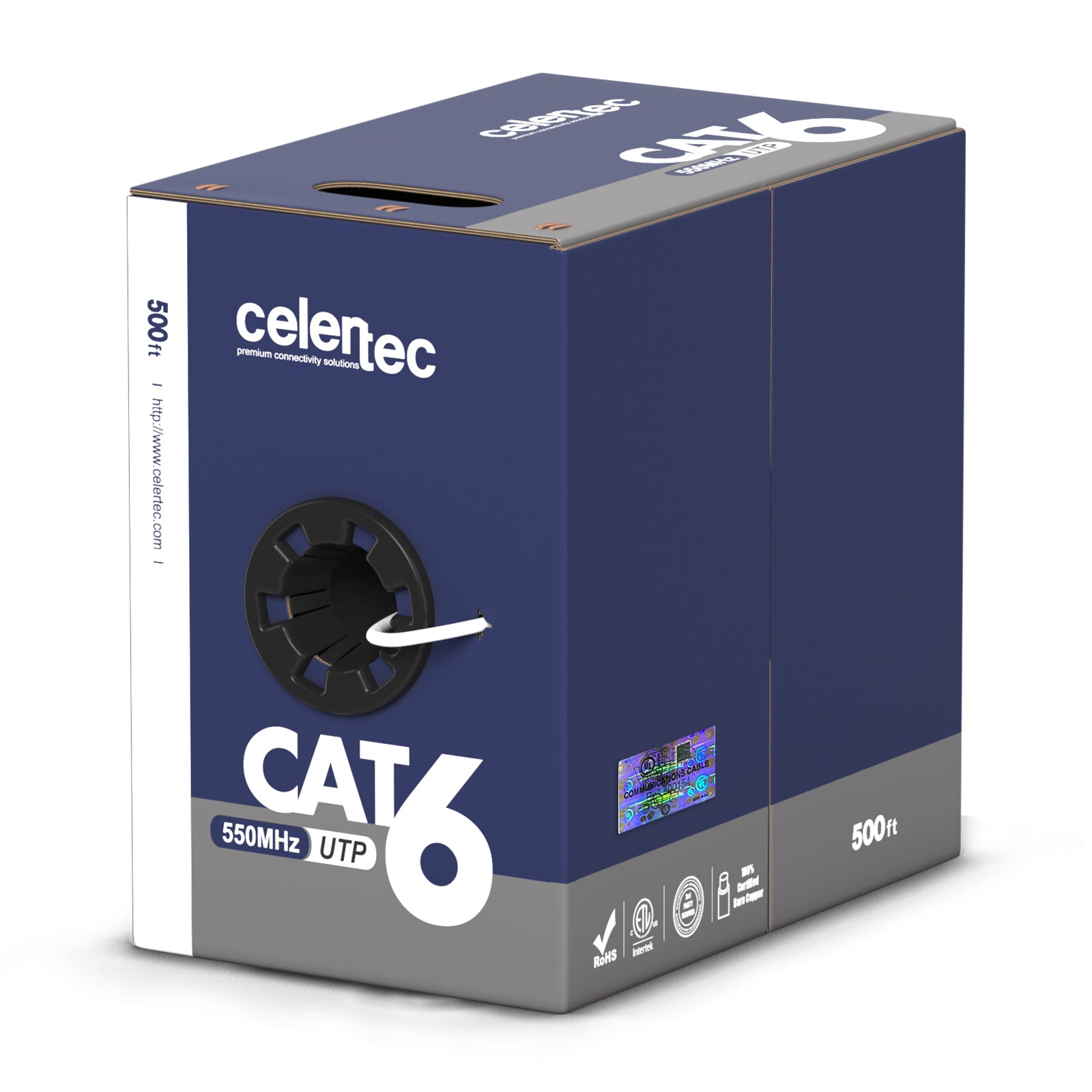 Cat6 Ethernet Cable, U/UTP, 23AWG Solid Bare Copper, CMP, UL Certified - 500ft